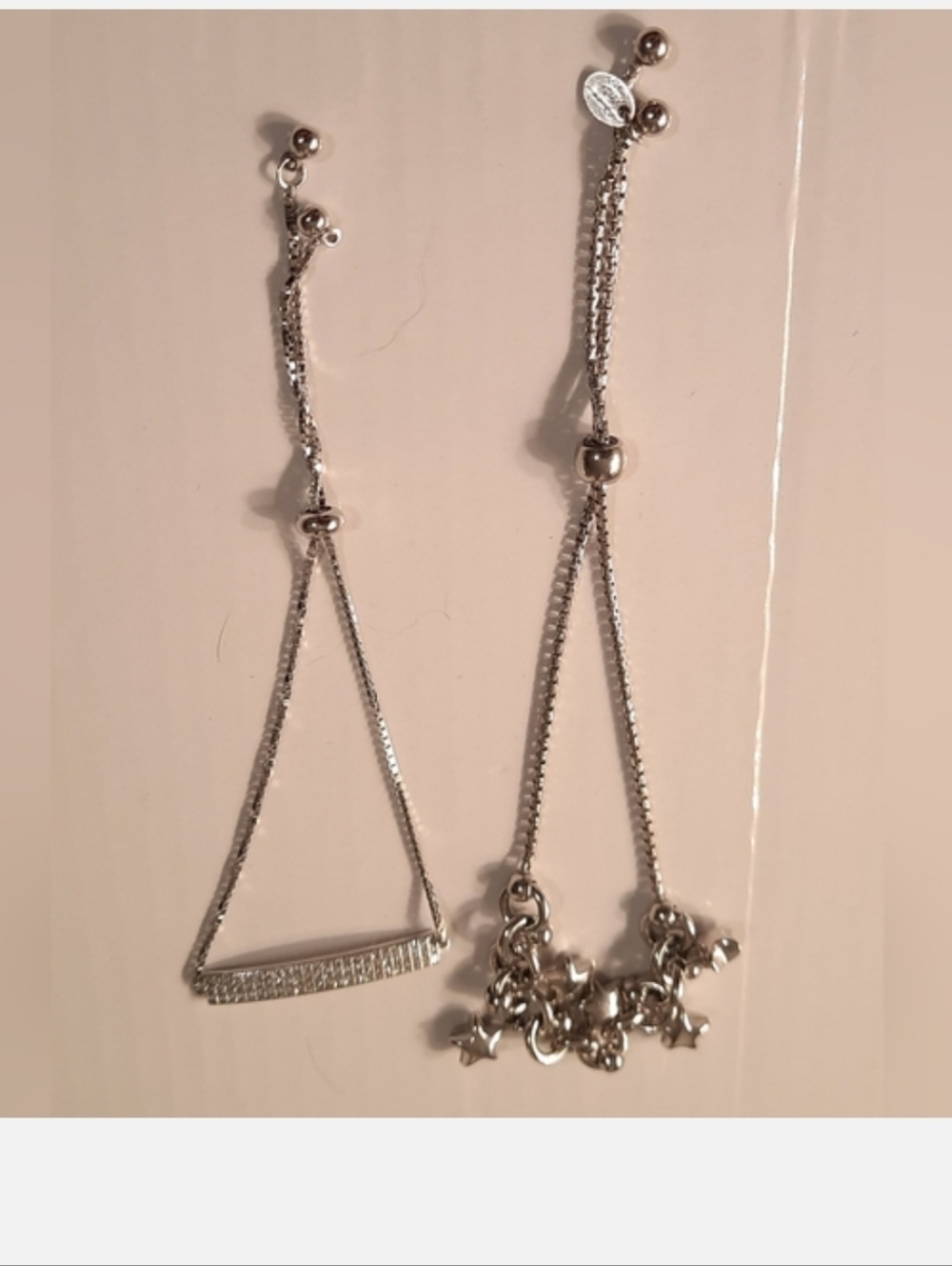Sterling Silver Tone Dainty Bar & Charm Adjustable Bracelet Set